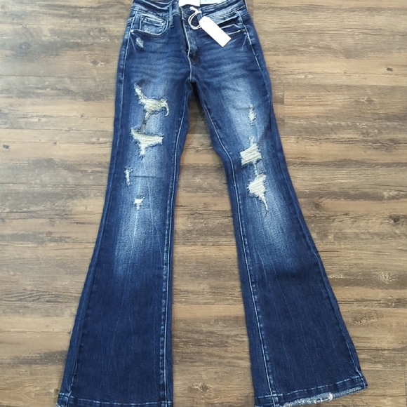 Petra Fashions Denim - Women's Distressed Blue Mid Rise  Flare Leg Distressed 24 Stretch
